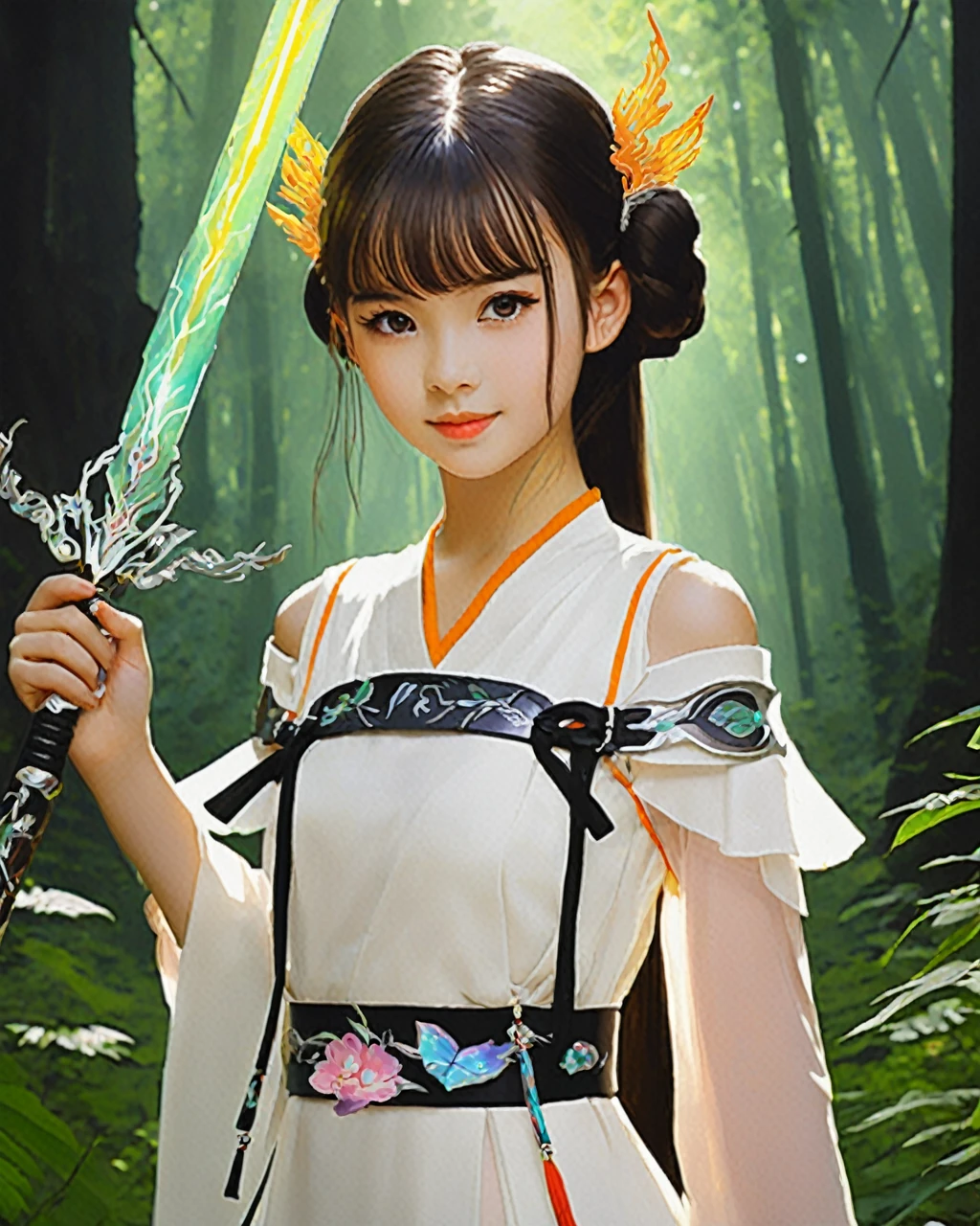 Very cute and futuristic girl around 25 years old, Wearing Tang-style Hanfu, Standing in the forest where nature and technology are perfectly combined. Her bust is medium. She holds a cool and magical flaming sword, Exudes a dazzling light. As the protagonist of the painting, She occupies a large area. Her pose is so innocent and cute, It is in sharp contrast with the surrounding exquisite high-tech facilities and vegetation.. This painting has bright colors, The girl exudes a cheerful and lively atmosphere. The whole painting is full of an atmosphere of innocence and fantasy.