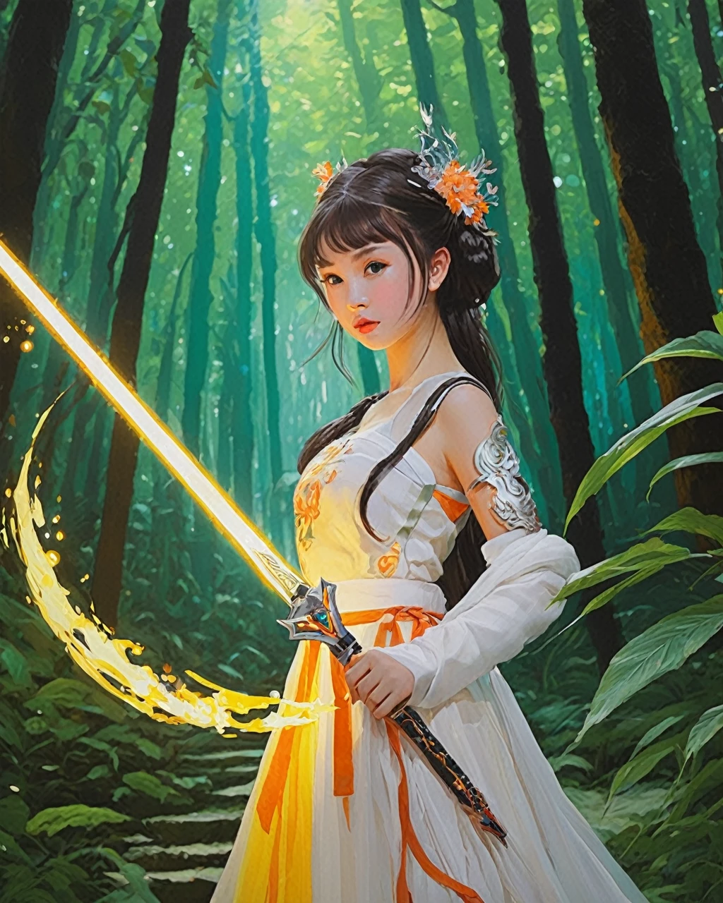 Very cute and futuristic girl around 25 years old, Wearing Tang-style Hanfu, Standing in the forest where nature and technology are perfectly combined. Her bust is medium. She holds a cool and magical flaming sword, Exudes a dazzling light. As the protagonist of the painting, She occupies a large area. Her pose is so innocent and cute, It is in sharp contrast with the surrounding exquisite high-tech facilities and vegetation.. This painting has bright colors, The girl exudes a cheerful and lively atmosphere. The whole painting is full of an atmosphere of innocence and fantasy.