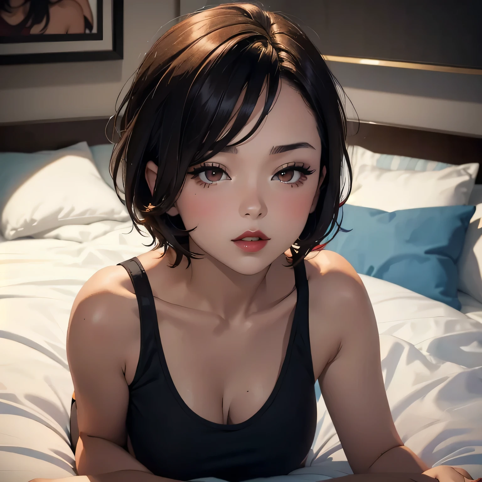 Sexy woman, short brown hair, middle part, lots of makeup, perfect red lips, loose blue tank top, black short shorts, lying on bed, head on pillow, facing up 