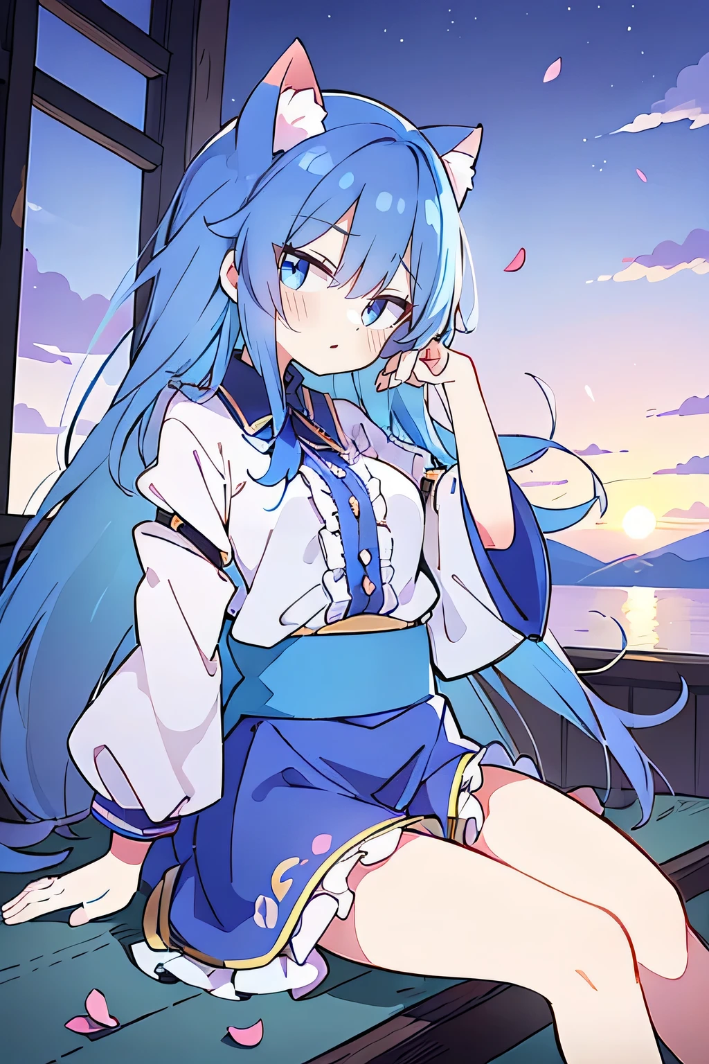 (masterpiece:1.2),Super detailed,Practical,expressive eyes,Fair skin,Perfect face shaping,1 Girl,
Japanese cartoons,Gorgeous blue hair, the long flowing blue hair,Floating clothes,Cat ears,Petals falling,beautiful lola,Young Angel,
Hands on waist,sit elegantly on the ground,Cross your legs,Gentle and peaceful background,Cool and cozy pavilion,Sunset,