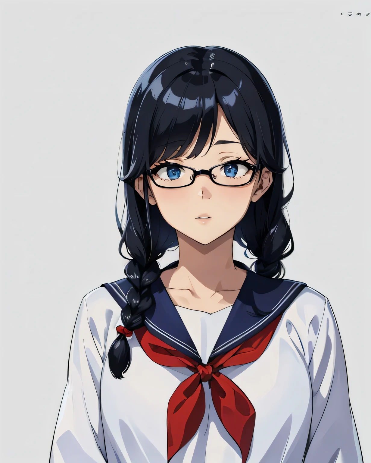 Perfect lighting from the front、front、(Gray background)、Character Portrait、Ultra-detailed illustrations、Ultra-Precise Performance、masterpiece、highest quality、超High resolution、High resolution、Sailor suit、Glowing Skin、(Braid、long hair、Black Hair、Glasses、Blue Eyeommyfy、
information
