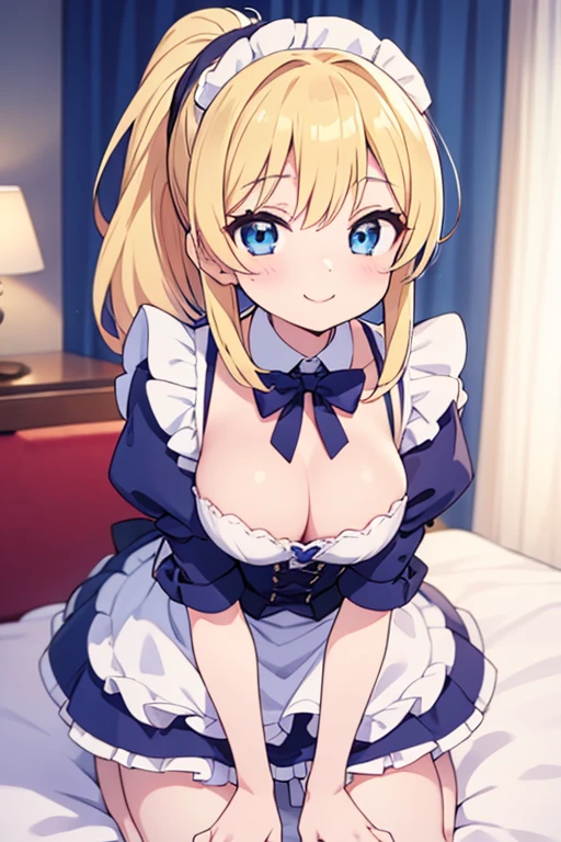 Naughty woman 、、Blonde ponytail、Long Hair、plump breasts、slender、smile、anime, きらきらsmile, pale blue eyes、Wearing maid uniform、I can see your chest、Short skirt、On all fours、Hotel room、I'm in bed