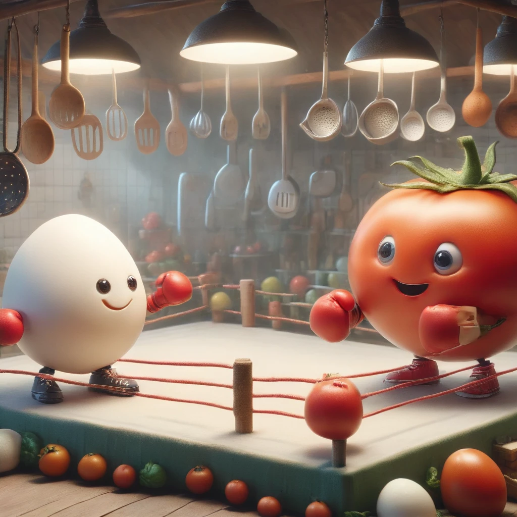 a whimsical kitchen-like boxing ring, a charming egg and a plump tomato are poised for a friendly boxing match. The egg has miniature gloves and a determined smile, while the tomato wears boxing gloves and its stem resembles a jaunty hat. The arena is decorated with hanging kitchen utensils and surrounded by an audience of various fruits and vegetables cheering excitedly. The scene is vibrant and cartoonish, with exaggerated expressions and movements, embodying a playful and innocent camaraderie between the characters. The setting is lively and animated, capturing a scene of unique friendship.