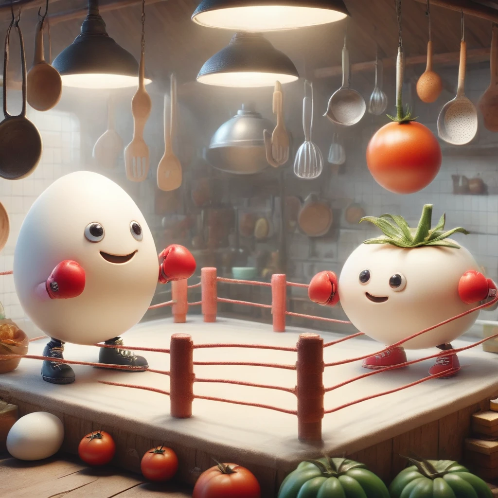 a whimsical kitchen-like boxing ring, a charming egg and a plump tomato are poised for a friendly boxing match. The egg has miniature gloves and a determined smile, while the tomato wears boxing gloves and its stem resembles a jaunty hat. The arena is decorated with hanging kitchen utensils and surrounded by an audience of various fruits and vegetables cheering excitedly. The scene is vibrant and cartoonish, with exaggerated expressions and movements, embodying a playful and innocent camaraderie between the characters. The setting is lively and animated, capturing a scene of unique friendship.