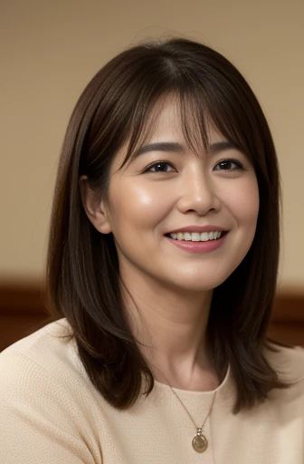 Masseter Film, highest quality, masterpiece, High resolution, realism, Original photo, 8k wallpaper, perfection, Professional Lighting, Very detailed, Written boundary depth, ((Beautiful woman)), ((Cute 43 year old woman)),, ((smile)), Detailed face, Beautiful Eyes,, (Thick lips), A photo of your face,Brown long hair,bangs,Gazing at the audience