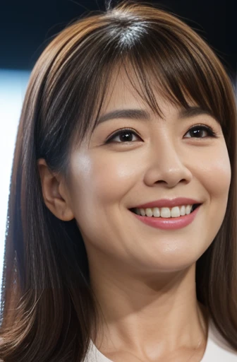 Masseter Film, highest quality, masterpiece, High resolution, realism, Original photo, 8k wallpaper, perfection, Professional Lighting, Very detailed, Written boundary depth, ((Beautiful woman)), ((Cute 43 year old woman)),, ((smile)), Detailed face, Beautiful Eyes,, (Thick lips), A photo of your face,Brown long hair,bangs,Gazing at the audience