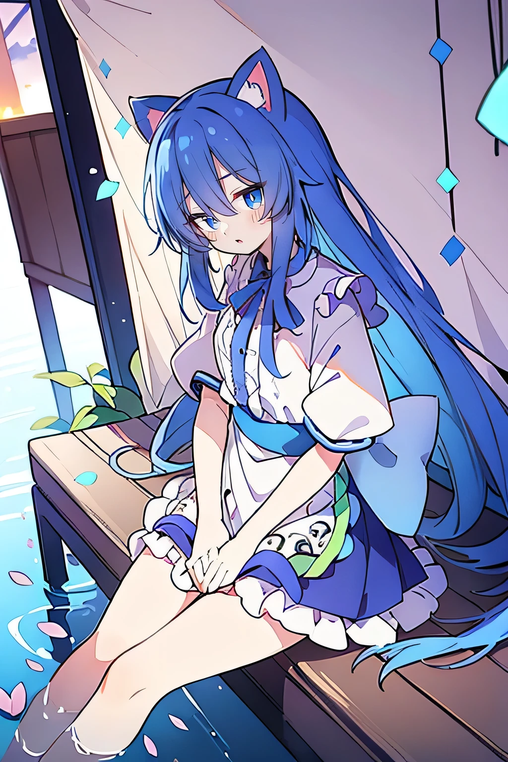 (masterpiece:1.2),Super detailed,Practical,expressive eyes,Fair skin,Perfect face shaping,1 Girl,
Japanese cartoons,Gorgeous blue hair, the long flowing blue hair,Floating clothes,Cat ears,Petals falling,beautiful lola,Young Angel,
Hands on waist,sit elegantly on the ground,Cross your legs,Gentle and peaceful background,Cool and cozy pavilion,Sunset,