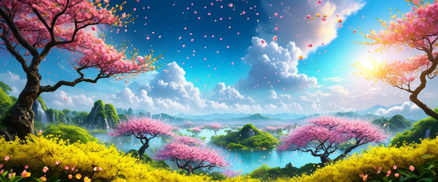 masterpiece, soft lighting, realistic, high quality, forest, willow peach sakura trees, blooming yellow pink flowers, neon, sparks, blue sky, glowing, spring flowers, bubble, birds, lush of jungle, leafs, clouds, day, dream
