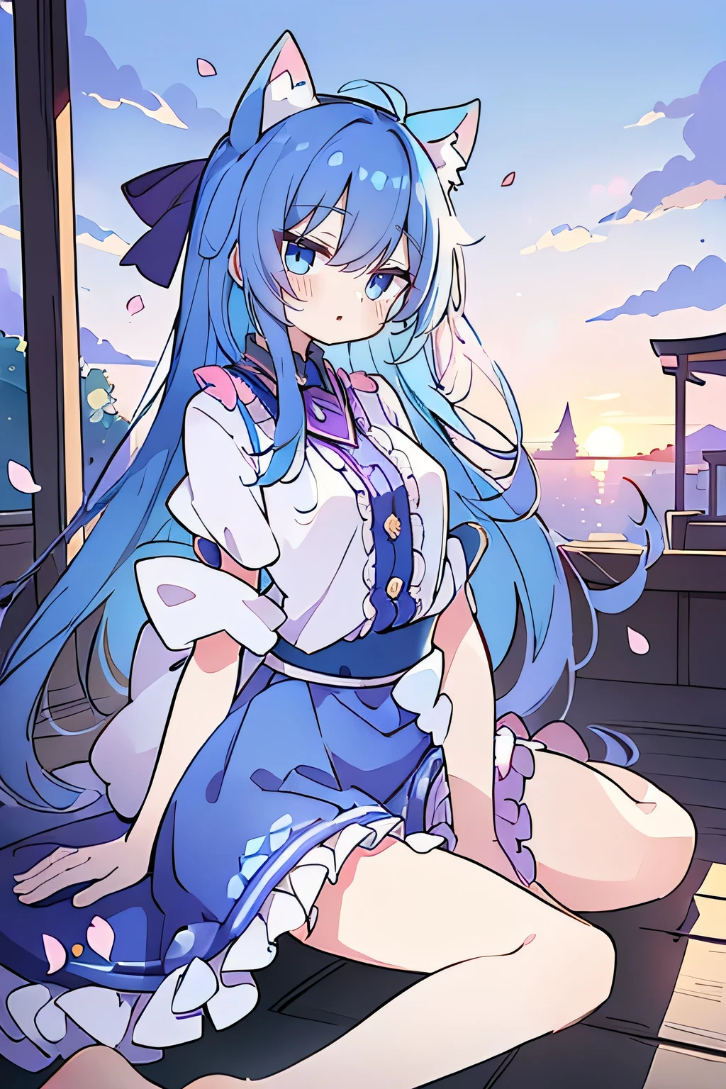 (masterpiece:1.2),Super detailed,Practical,expressive eyes,Fair skin,Perfect face shaping,1 Girl,
Japanese cartoons,Gorgeous blue hair, the long flowing blue hair,Floating clothes,Cat ears,Petals falling,beautiful lola,Young Angel,
Hands on waist,sit elegantly on the ground,Cross your legs,Gentle and peaceful background,Cool and cozy pavilion,Sunset,