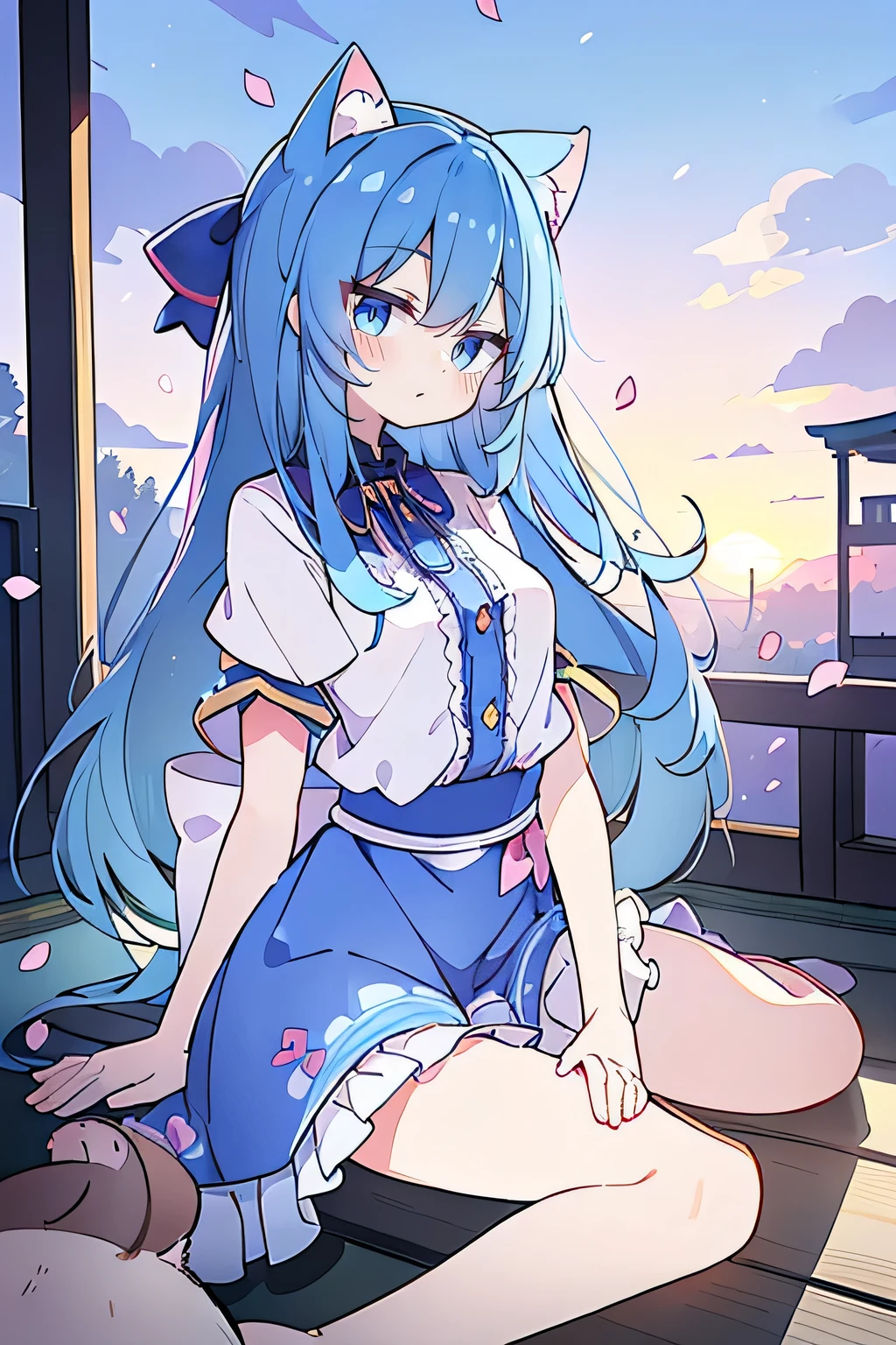 (masterpiece:1.2),Super detailed,Practical,expressive eyes,Fair skin,Perfect face shaping,1 Girl,
Japanese cartoons,Gorgeous blue hair, the long flowing blue hair,Floating clothes,Cat ears,Petals falling,beautiful lola,Young Angel,
Hands on waist,sit elegantly on the ground,Cross your legs,Gentle and peaceful background,Cool and cozy pavilion,Sunset,