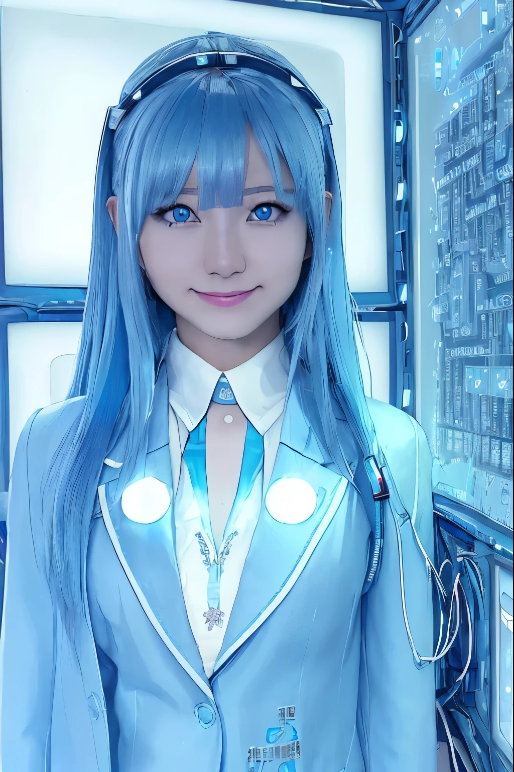 (highest quality, High resolution, masterpiece:1.2), Very detailed, Realistic:1.37, (Perfect Anatomy),1 girl,Cowboy Shot,Full body portrait,,Woman close up, Cute and perfectly beautiful Japanese idols,  female model、Transform into a cute cyborg,,(A big smile:1.2),Transform into a cute cyborg,, (blue led eyes:1.3), (Japanese High ,Light blue blazer and white blouse:1.6), ,,Detailed connection lines, cybernetics, cyber punk, Intricate decorative details, The background is the interior of a robotic operating room..,,Monitor screen