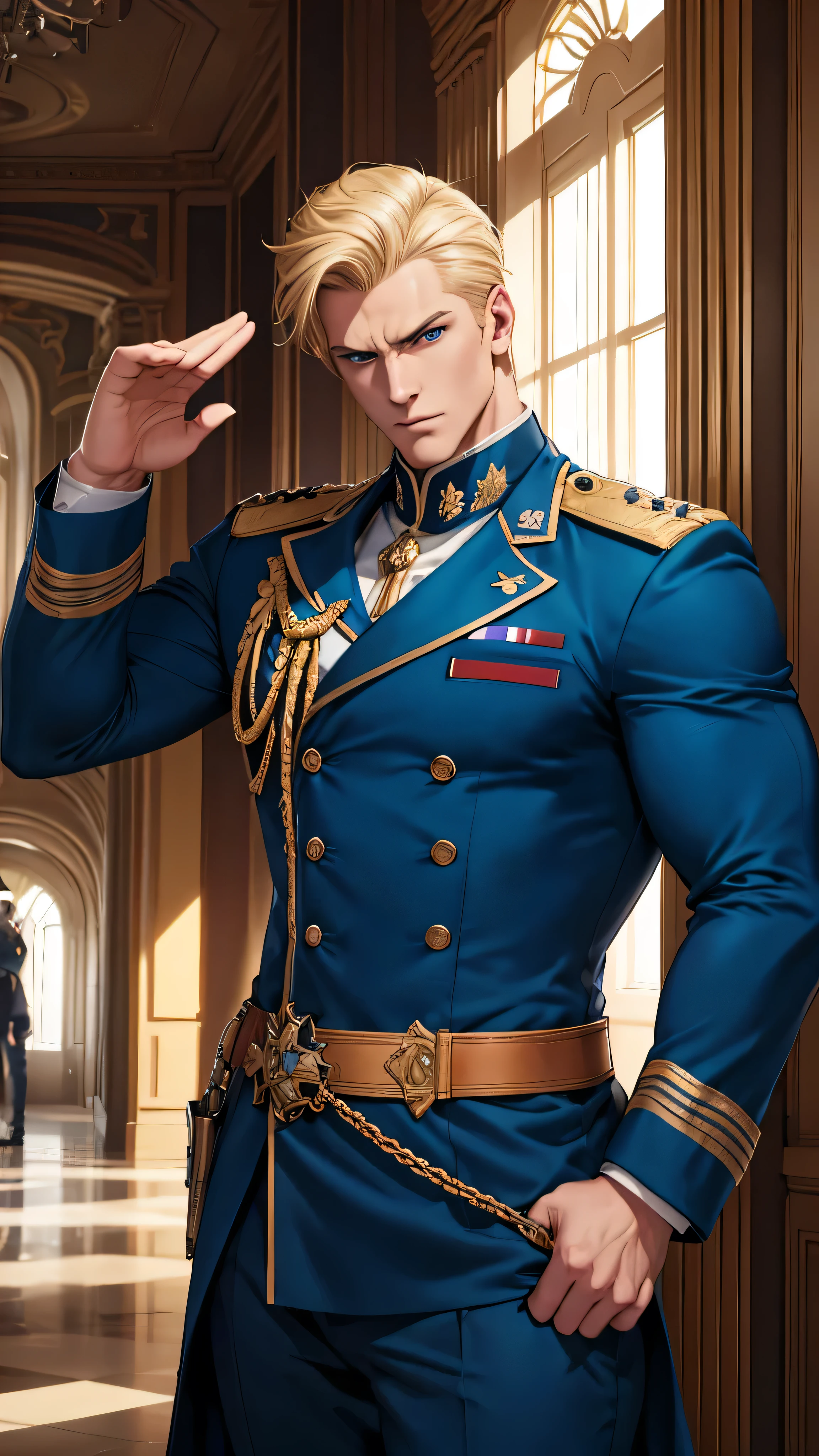 super fine illustration, ultra-high resolution, obra de arte, Mais alta qualidade, perfect lighting, Specific Lighting, dramatic shadow, rastreamento de raio, Um homem alto, loiro, Muscular arms, Corpo musculoso, villainous expression, olhos azuis, Queixo quadrado, ((short hair combed back, fixado com gel))vestido com um traje militar azul simples, overall rating, saudando, dedos tocando a testa, standing in the lobby of a head of state&#39;desk (obra de arte)

