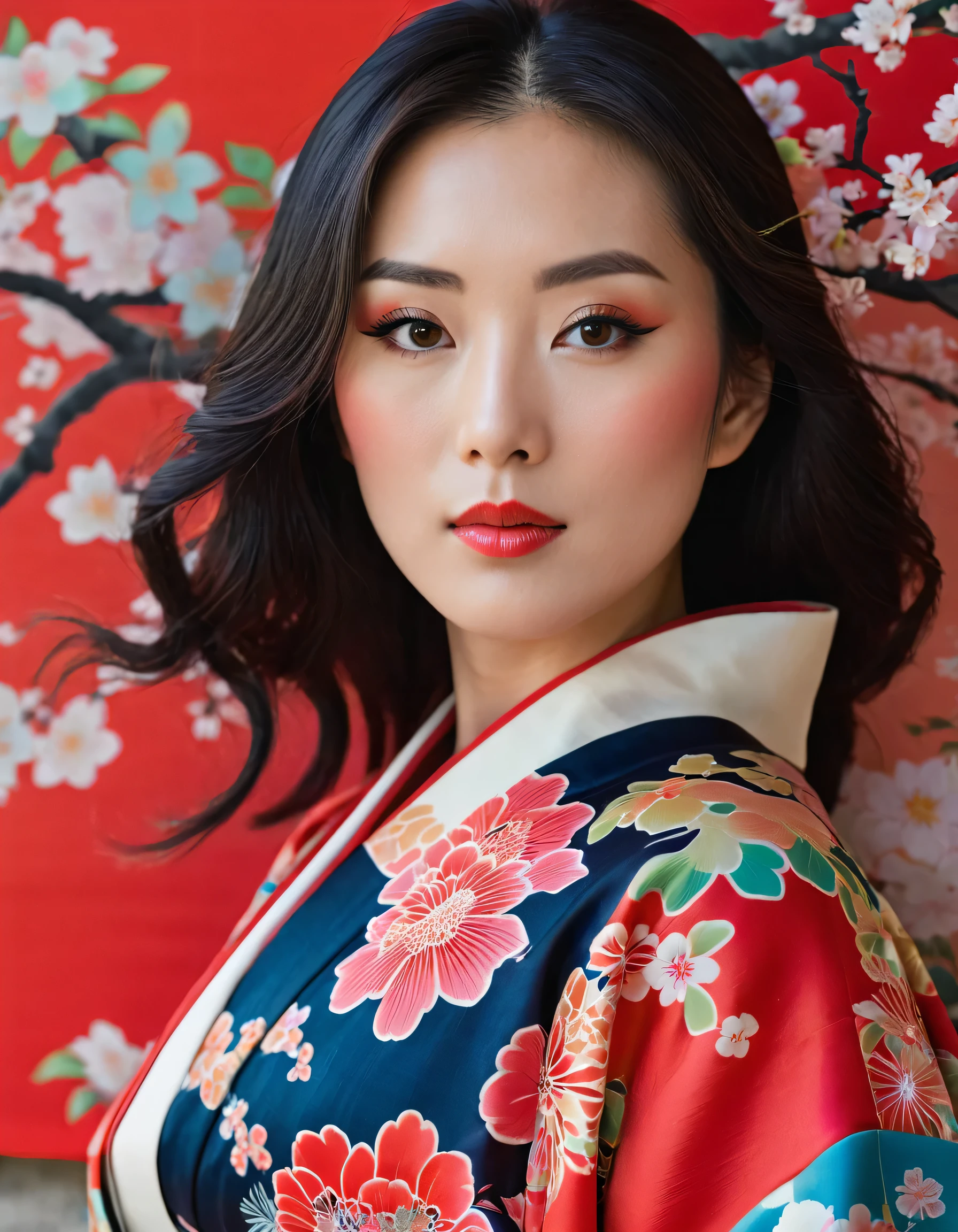 a close up of a woman in a kimono with a flowered robe, a picture by Kentaro Miura, tumblr, ukiyo-e, japanese goddess, japanese model, in kimono (open in the front slightly), japanese woman, elegant japanese woman, organic seductive geisha, gorgeous chinese model, red kimono, wearing kimono, in a kimono, sexy girl, red kimono with flower patterns