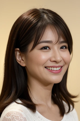 Masseter Film, highest quality, masterpiece, High resolution, realism, Original photo, 8k wallpaper, perfection, Professional Lighting, Very detailed, Written boundary depth, ((Beautiful woman)), ((Cute 40 year old woman)),, ((smile)), Detailed face, Beautiful Eyes,, (Thick lips), A photo of your face,Brown long hair,bangs,Gazing at the audience