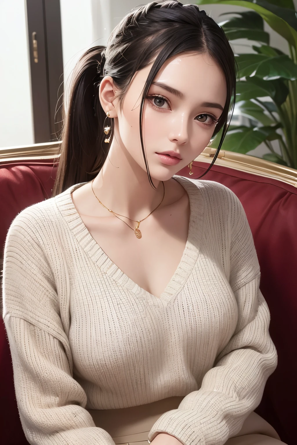 best quality, super fine, 16k, incredibly absurdres, extremely detailed, beautiful woman, glossy side braided ponytail, captivating look, aroused expression, great style, wearing loose summer knit sweater with wide open chest, relaxing on the sofa, light effect