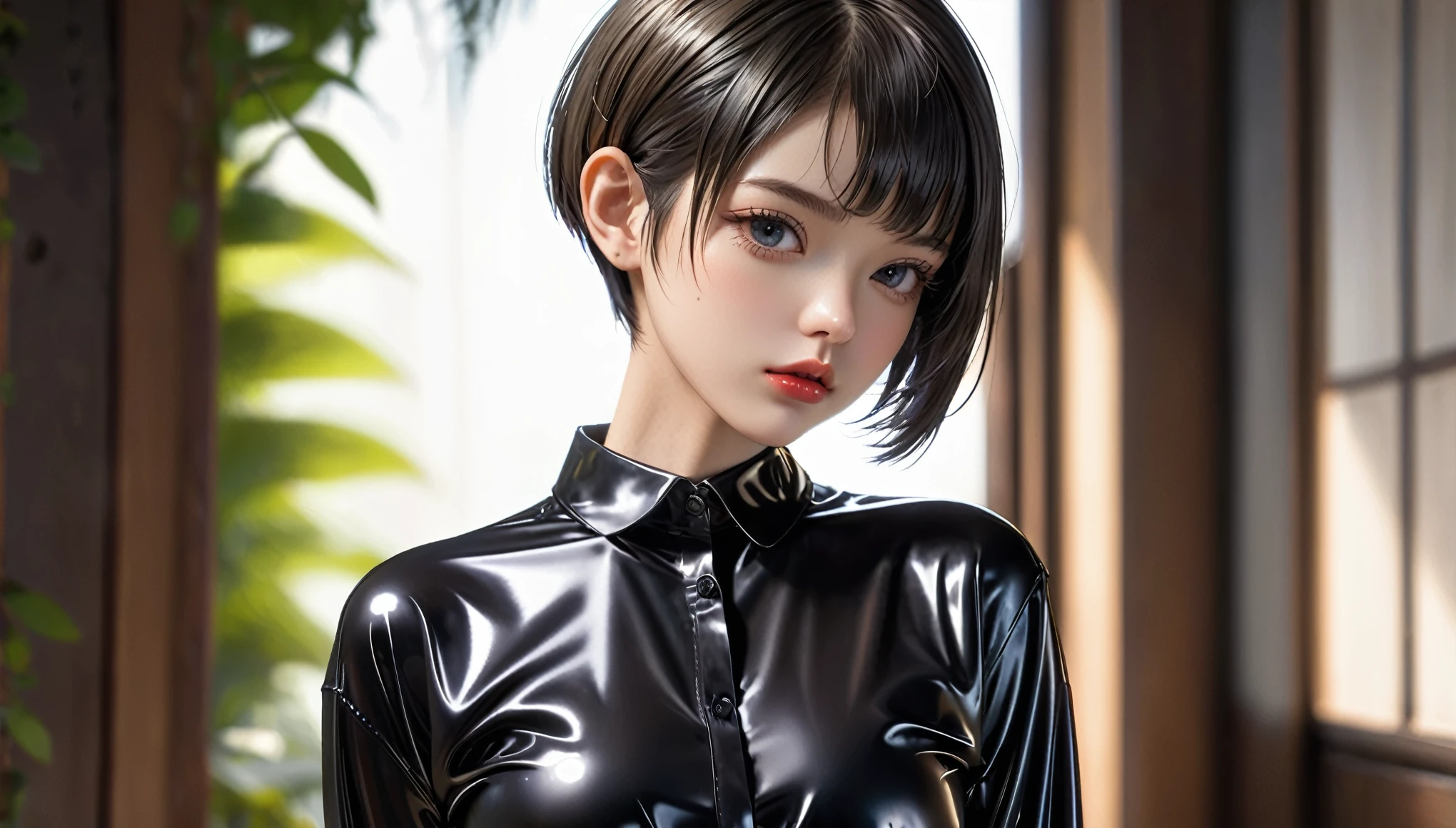 Top Quality, Masterpiece, High Resolution, 8k, (((skinny girl, full body shot, oversized shiny rubber shirt, bare back, hot pants, small perky breasts, beautiful detailed eyes, beautiful detailed lips, small closed mouth, extremely detailed face, pixie side shaved hair cut, small hips)))