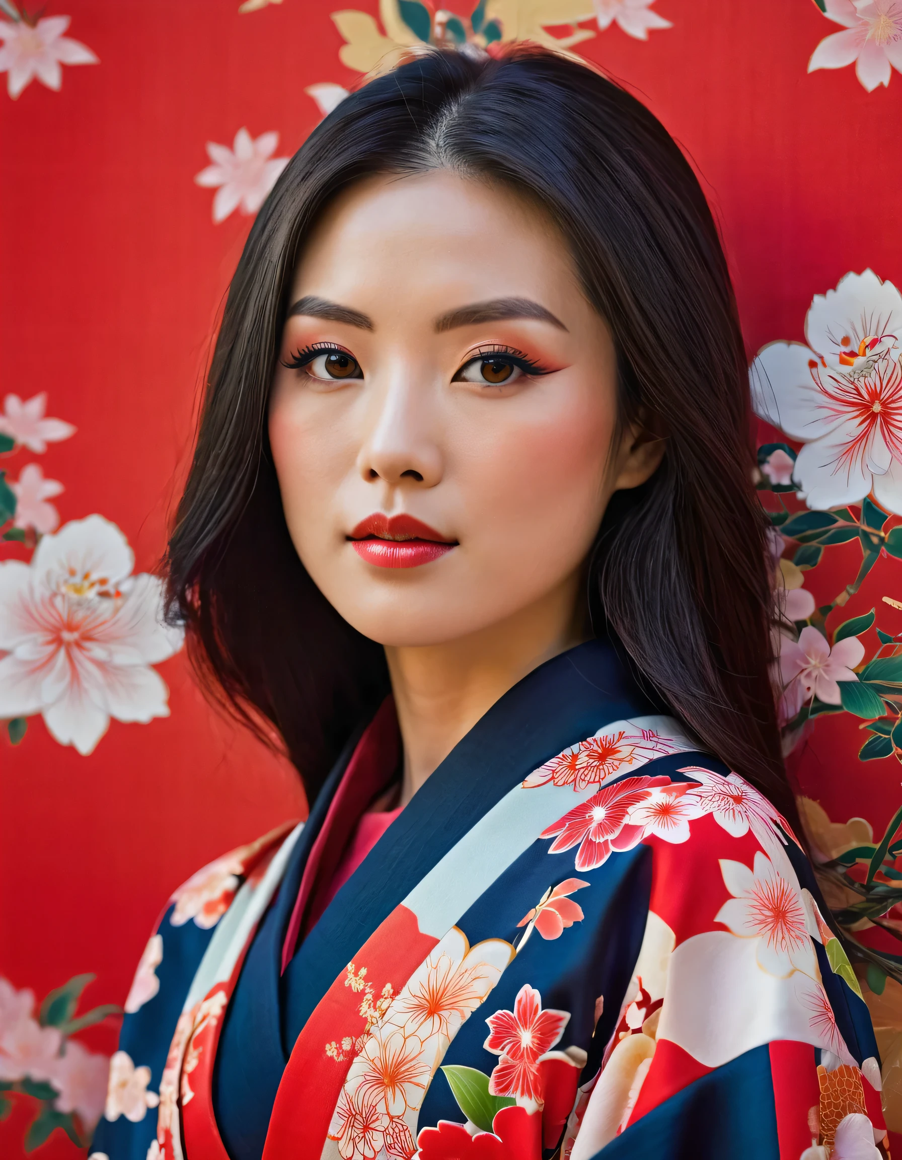 a close up of a woman in a kimono with a flowered robe, a picture by Kentaro Miura, tumblr, ukiyo-e, japanese goddess, japanese model, in kimono (open in the front slightly), japanese woman, elegant japanese woman, organic seductive geisha, gorgeous chinese model, red kimono, wearing kimono, in a kimono, sexy girl, red kimono with flower patterns