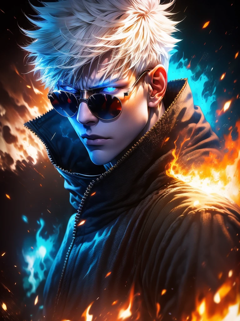 A Concept art dashing portrait of 'GOJO' from 'JUJUTSU KAISEN' anime, imposing in dashing Hero,, white hair, blue eyes, VFX art, Handsom,,wearing sunglasses, jacket and shirt,, Dashing Stance, anime version, realism style, fire particle effects, bluish theme, DOPE OMINOUS BACKGROUND,, HDR RESOLUTION, 8K