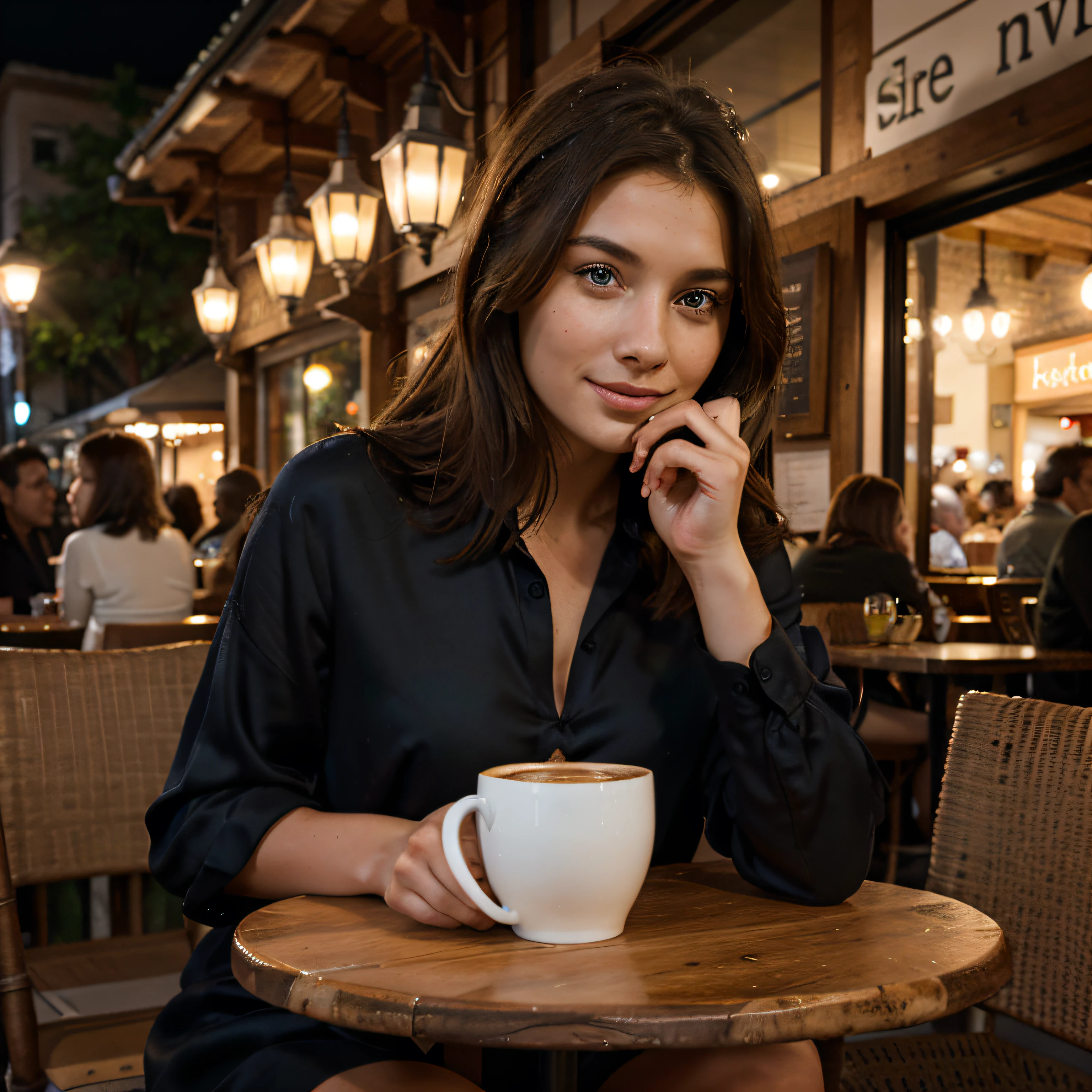 belle fille, cheveux bruns, yeux bleus, La robe noire en soie épouse gracieusement sa silhouette chic. Une fille est assise à une table près d’un café, with a cup of coffee, Un léger sourire sur son visage., pores de la peau, taches de rousseur,un tel endroit, comme la Provence en France, la nuit, Soft light lanterns. la plus haute qualité, high detail, hyper realistic, Photo hyperréaliste de, Cinematic quality, high detail, real coffee mug, medium sized coffee mug