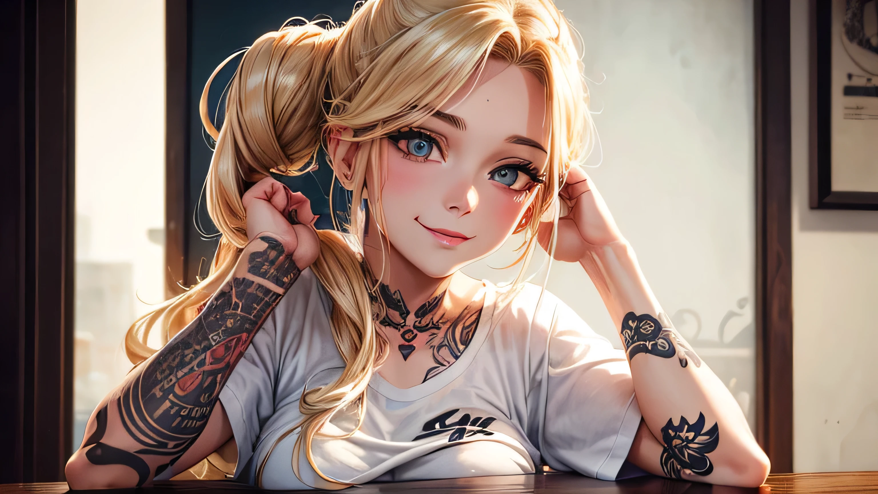 40s One woman A fawning smile White short-sleeved T-shirt, tattoo, beautiful blonde Long Hair up A worn-out bar Bourbon Perfect and detailed facial expression Perfect and detailed eye depiction Perfect and detailed hair Perfectly detailed upper body Perfect and detailed breast depiction