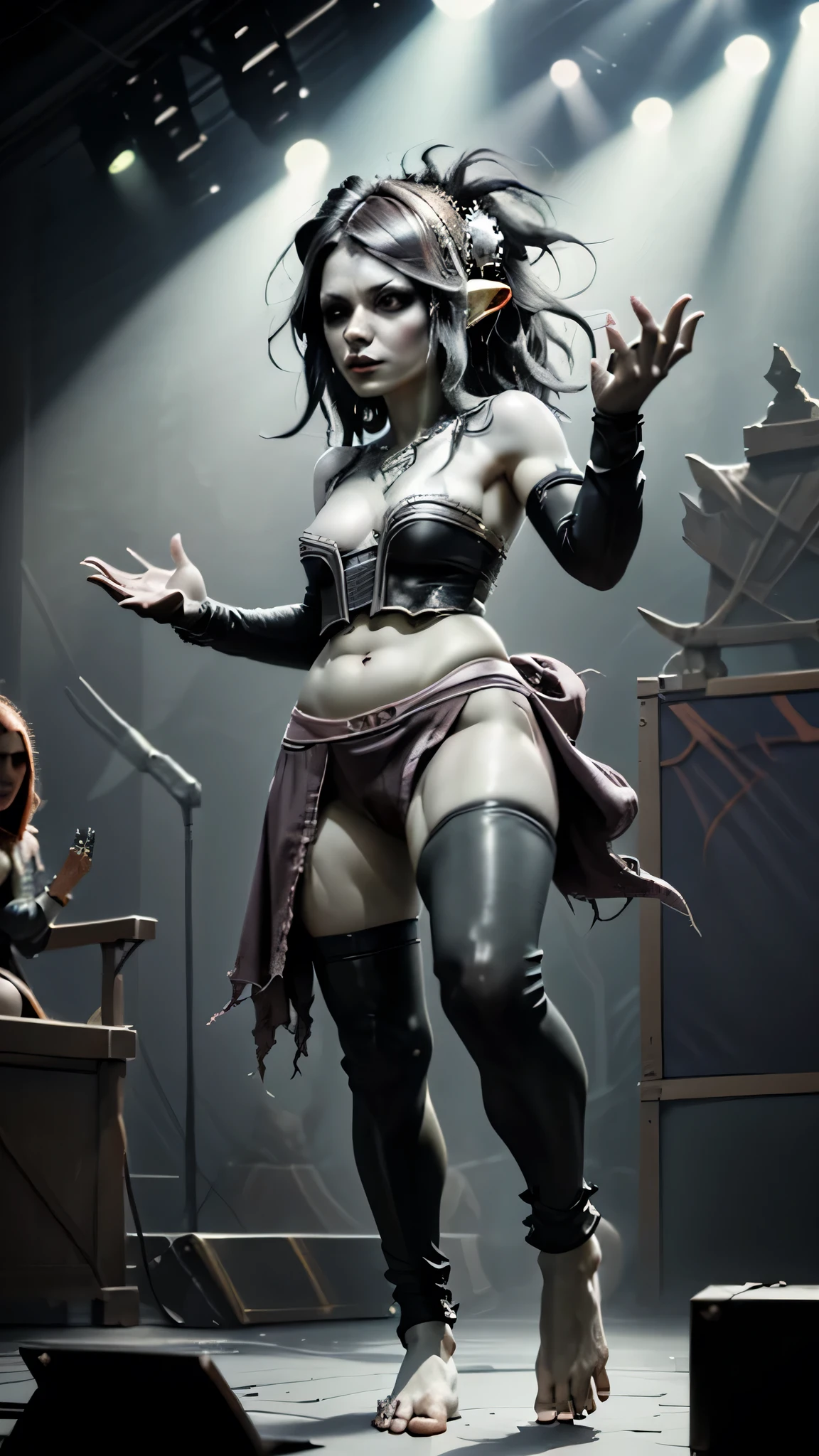 Dnd, fantasy, punk rocker, on stage, full body, barefoot