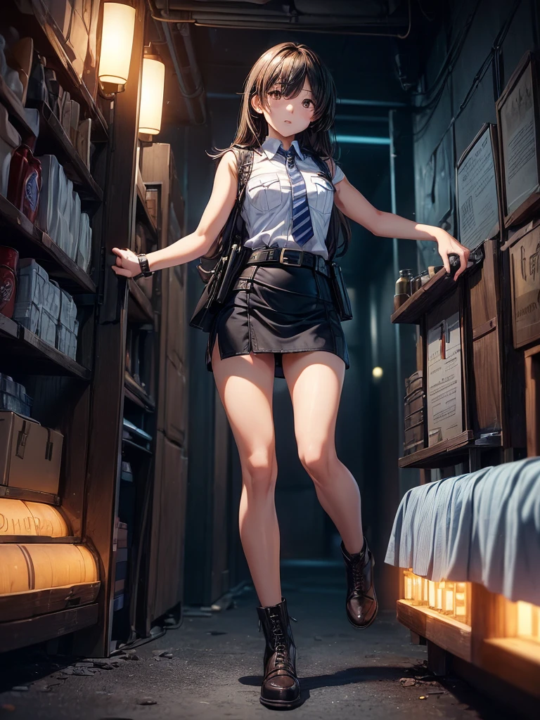 (((1 female))),(Drunk hiccups:1.0),highest quality, Tabletop, Beautiful mature woman、Beautiful Face、a woman with a strong will、Female police officer、((watch))、Police Costume、Police Belt、Sleeveless collared shirt、(Ultra mini skirt:1.5)、Brown haired、Brown eyes、Long Hair、Small eyes、((Full Body Shot))、Police Station Effects、night、Dark Places