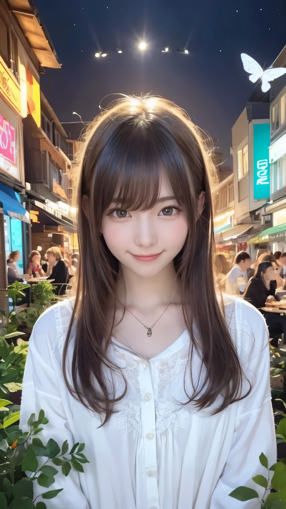 Girl in a dream.I have long colorful hair.Wearing white clothes.She has nap.It's a rock band.Notes flying around.It is an illustration of the highest quality.It is a beautiful illustration.Very colorful.big eyes,smile、Viewer's perspective