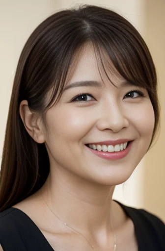 Masseter Film, highest quality, masterpiece, High resolution, realism, Original photo, 8k wallpaper, perfection, Professional Lighting, Very detailed, Written boundary depth, ((Beautiful woman)), ((Cute 40 year old woman)),, ((smile)), Detailed face, Beautiful Eyes,, (Thick lips), A photo of your face,Brown long hair,bangs,look directly at the camera