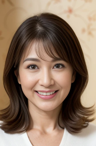 Masseter Film, highest quality, masterpiece, High resolution, realism, Original photo, 8k wallpaper, perfection, Professional Lighting, Very detailed, Written boundary depth, ((Beautiful woman)), ((Cute 40 year old woman)),, ((smile)), Detailed face, Beautiful Eyes,, (Thick lips), A photo of your face,Brown long hair,bangs,look directly at the camera