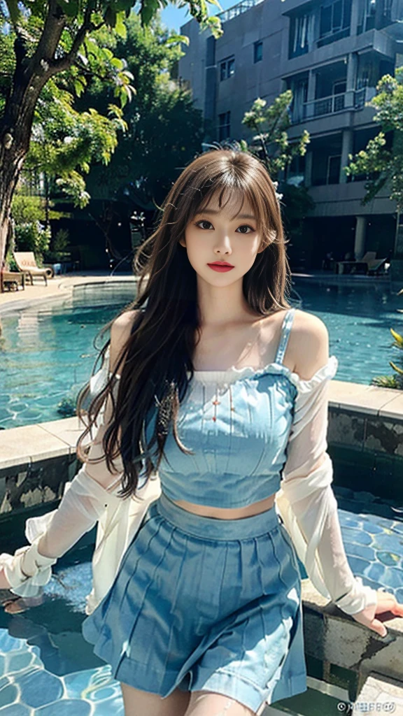 {masterpiece},{best quality},{1 girl,{{Change},Brown hair,blue eyes,Very long hair,Flowering,,mini skirt,hapiness}},Astonishing,Beautiful and delicate eyes,Fine details,Depth of Field,Extremely detailed CG,The original,outdoor,Beautiful and delicate hands,Beautiful and delicate fingers,Soaked,{Knee dip in water},permanent,{Beautiful and delicate water,Beautiful and detailed sky,fluttering detail splash},author:Paul Hedley,rich and colorful,HDR,{{Colorful refraction}},{{Movie Lighting}},