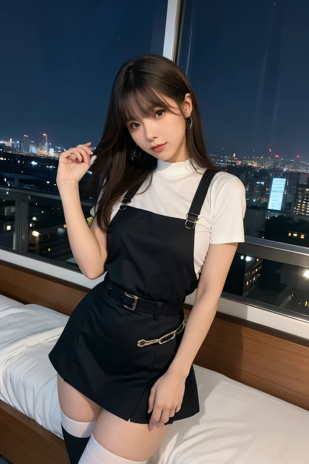 ((Midnight, highest quality, 8k, masterpiece :1.3)), whole body, Long legs, Sharp focus :1.2, Beautiful woman with perfect figure :1.4, Slim Abs :1.1, ((Dark brown hair, Big Breasts :1.2)), (White tight T-shirt, Jean Bib, Are standing:1.2), ((Night city view, rooftop:1.3)), Very detailedな顔と肌の質感, Fine grain, Double eyelids one girl,highest quality,masterpiece,figure,Very delicate and beautiful,CG,Unity,8k wallpaper,wonderful,In detail,masterpiece,Official Art,Very detailed CG Unity 8k wallpaper,Incredibly absurd,Large file size,Very detailedな,High resolution,Very detailed,Beautiful detailed girl,Realistic,from the front,Outdoor, suspenders Large swollen breasts Black mini skirt garter belt Knee-high socks bangs Beauty Hands up Black boots one person Dress shirt Hands Behind Back put your hands behind your back With your hands behind your back Armament holster A room at the Belt Hotel Bed Wall side