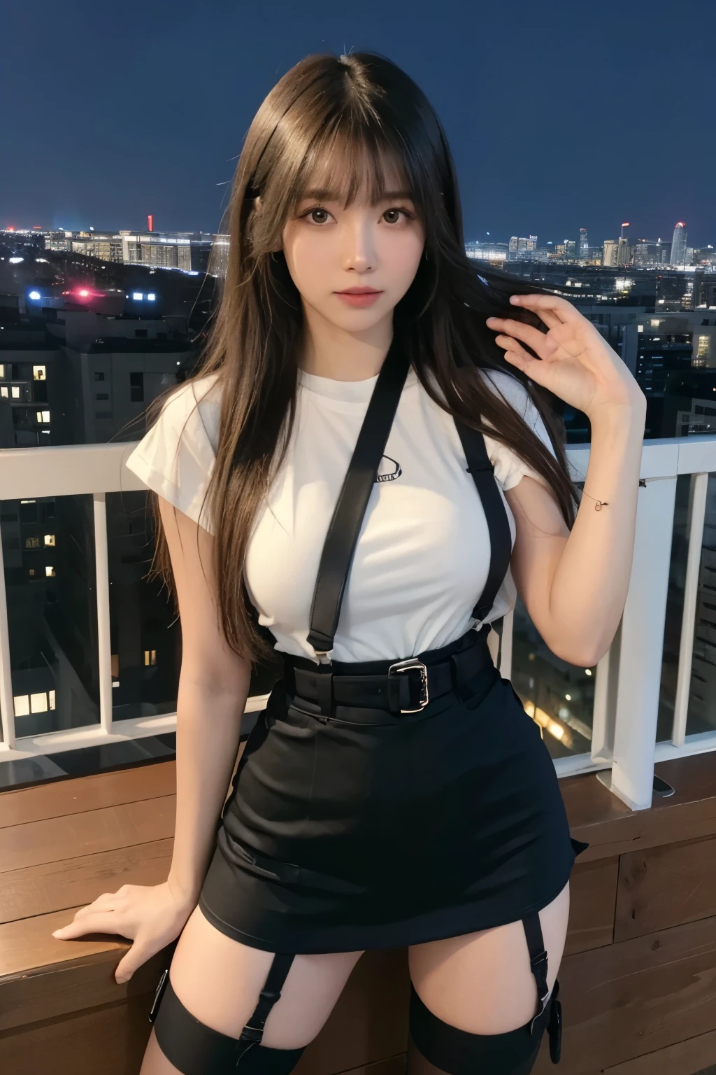 ((Midnight, highest quality, 8k, masterpiece :1.3)), whole body, Long legs, Sharp focus :1.2, Beautiful woman with perfect figure :1.4, Slim Abs :1.1, ((Dark brown hair, Big Breasts :1.2)), (White tight T-shirt, Jean Bib, Are standing:1.2), ((Night city view, rooftop:1.3)), Very detailedな顔と肌の質感, Fine grain, Double eyelids one girl,highest quality,masterpiece,figure,Very delicate and beautiful,CG,Unity,8k wallpaper,wonderful,In detail,masterpiece,Official Art,Very detailed CG Unity 8k wallpaper,Incredibly absurd,Large file size,Very detailedな,High resolution,Very detailed,Beautiful detailed girl,Realistic,from the front,Outdoor,　suspenders　　　Large swollen breasts　　 　 　　　　Black mini skirt　garter belt　Knee-high socks　　　　　　　bangs 　　　　　Beauty　　Hands up　　 　　Black boots 　　　　one person 　　　Dress shirt　　　Hands Behind Back　put your hands behind your back　　With your hands behind your back　Armament　holster　　A room at the Belt Hotel　Bed　Wall side　