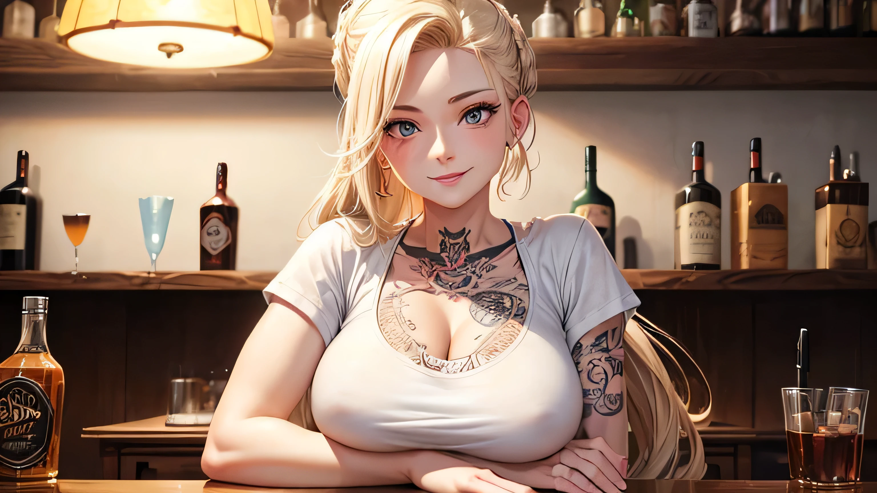 40s　One woman　A fawning smile　White short-sleeved T-shirt, tattoo, beautiful blonde　Long Hair　up　A worn-out bar　Bourbon　Perfect and detailed facial expression　Perfect and detailed eye depiction　Perfect and detailed hair　Perfectly detailed upper body　Perfect and detailed breast depiction