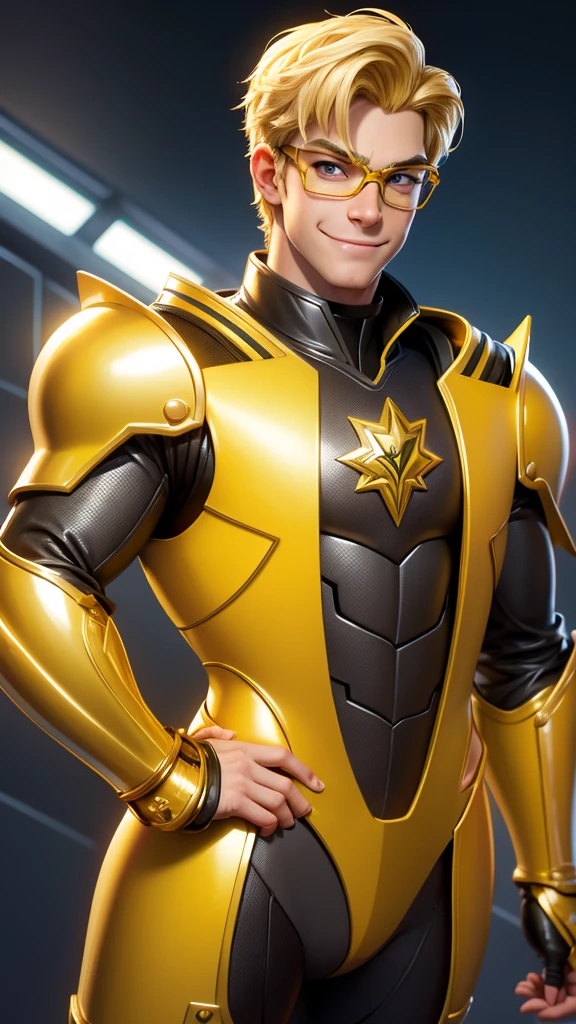 Young man with blond hair, Wearing yellow glasses,Wearing a metallic suit, of armor ,Happy expression Pixar Disney cartoon style
