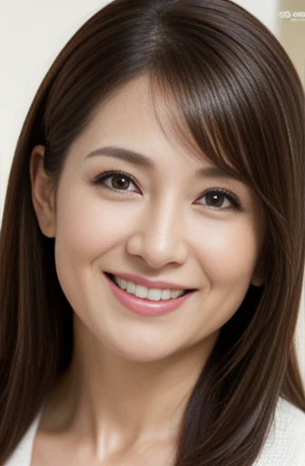 Masseter Film, highest quality, masterpiece, High resolution, realism, Original photo, 8k wallpaper, perfection, Professional Lighting, Very detailed, Written boundary depth, ((Beautiful woman)), ((Cute 43 year old woman)),, ((smile)), Detailed face, Beautiful Eyes,, (Thick lips), A photo of your face,Brown long hair,bangs,Look straight at the camera