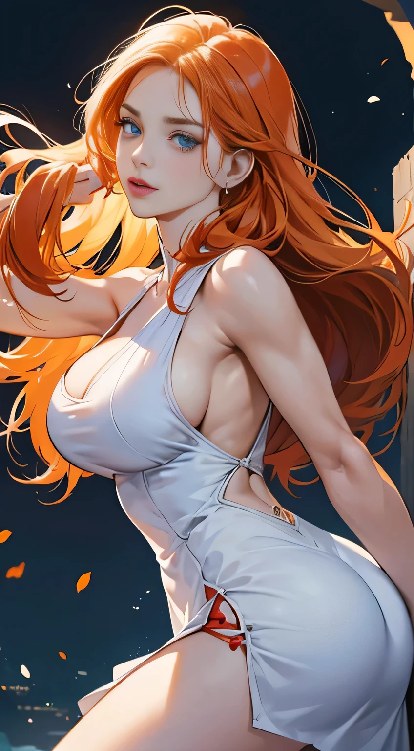 (best quality, 4K, high resolution), woman in her 30s, orange hair, long hair, straight hair, woman in vampire transformation, cold eyes, piercing eyes, strong appearance, bright blue eyes, facial expression enhancement, change in appearance of a transformation, fight against evil, ass, delicate illustrations drawn in detail, white sexy dress, realistic portrait, vibrant colors, expressive, classic background, perfect eyes, blue pupils, sexy body, big breasts, muscles, shape muscular, strong and sexy pose
