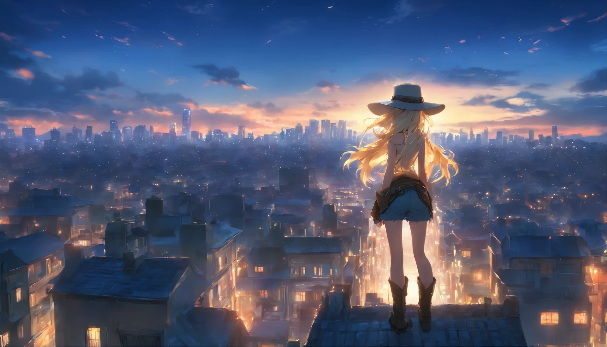 a girl overlooking the streets in the evening cityscape, (view from behind), (ultra wide-angle), platinum blonde, western hat, western boots, shorts, white sleeveless shirt, (masterpiece:1.1), (best quality:1.1), (high resolution:1.0), dusk, urban scenery