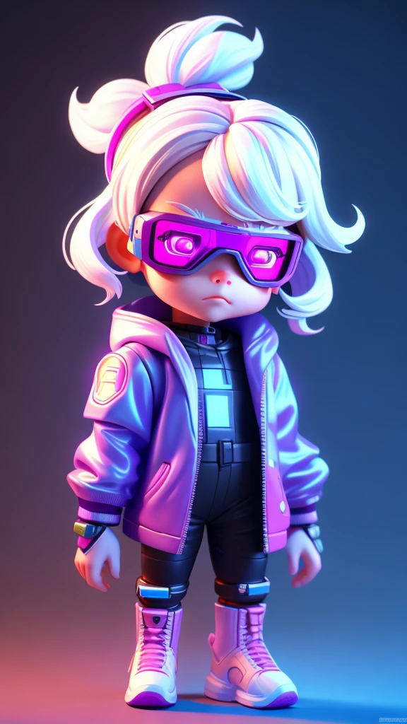 Blind Box,plastic toys,3D Toys,IP model,A cute and fashionable little girl, White hair, Wear high-tech goggles, Wear a holographic luminous translucent jacket, Holding a purple-glowing combat dagger in his hand, There are many decorations on the clothes, Precision machinery parts, Shiny Things, Cyberpunk, Futurism,Pixar,Material: Resin,whole body,panoramic,Simple background,Exhibition Lighting ,Volumetric Lighting,..3D,C4D,OC Rendering,Volume Rendering,extreme detailed details,HDR,8k resolution