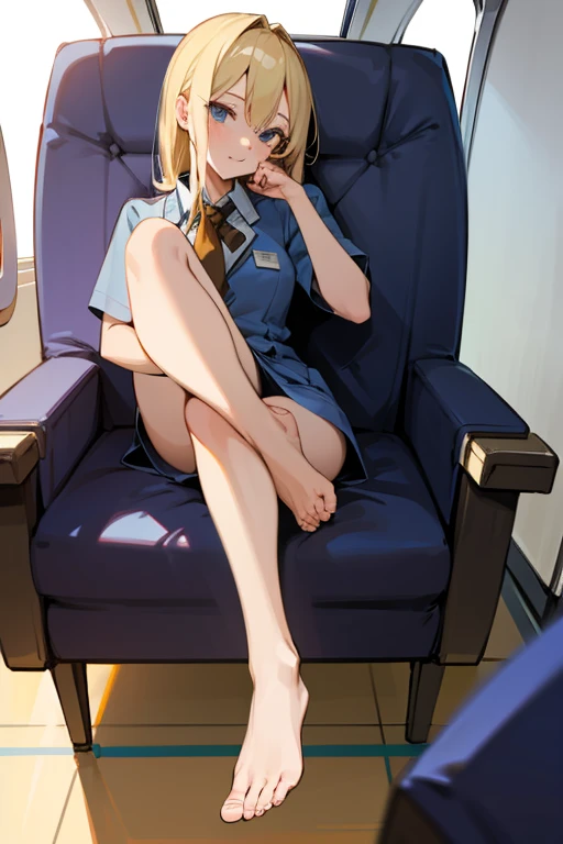 1girl,solo,leg up,barefoot,foot focus,foot up, stewardess,sit in a chair,blond hair