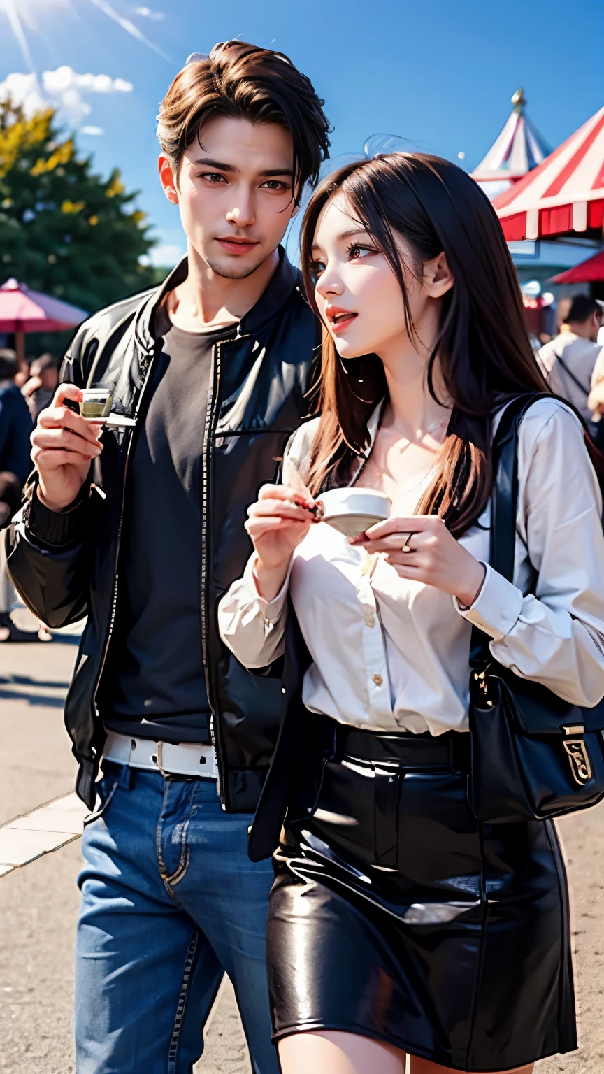 Beautiful man and woman on a date at an amusement park