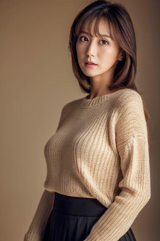 Masterpiece, top-quality, high resolution, Photorealsitic, sharp, Raw photography, 8K wallpaper, flawless, Professional lighting, highly detailed, depth of fields, Pale solid color background, ((one beautiful women, Skinny Japanese mature)), (40 years old), Sexy, Detailed face, beautidful eyes, bangs, small breasts, very thin waist, Light Brown Straight Hair, Faint lips, ((standing at front, Staring at the viewer, serious face eyes.)), Sweaters, skirt, (full-body photo), cowboy shot