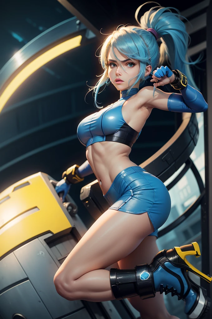 samus aran,ponytail, hair tie, blue gloves, blue bodysuit, high heels,ponytail, blue crop top, sleeveless, midriff, wristband, blue shorts, high heels, blue hair, yellow eyes
