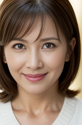 Masseter Film, highest quality, masterpiece, High resolution, realism, Original photo, 8k wallpaper, perfection, Professional Lighting, Very detailed, Written boundary depth, ((Beautiful woman)), ((Cute 45 year old woman)),,  ((smile)), Detailed face, Beautiful Eyes,, (Thick lips), A photo of your face,Brown long hair,bangs,Look straight at the camera