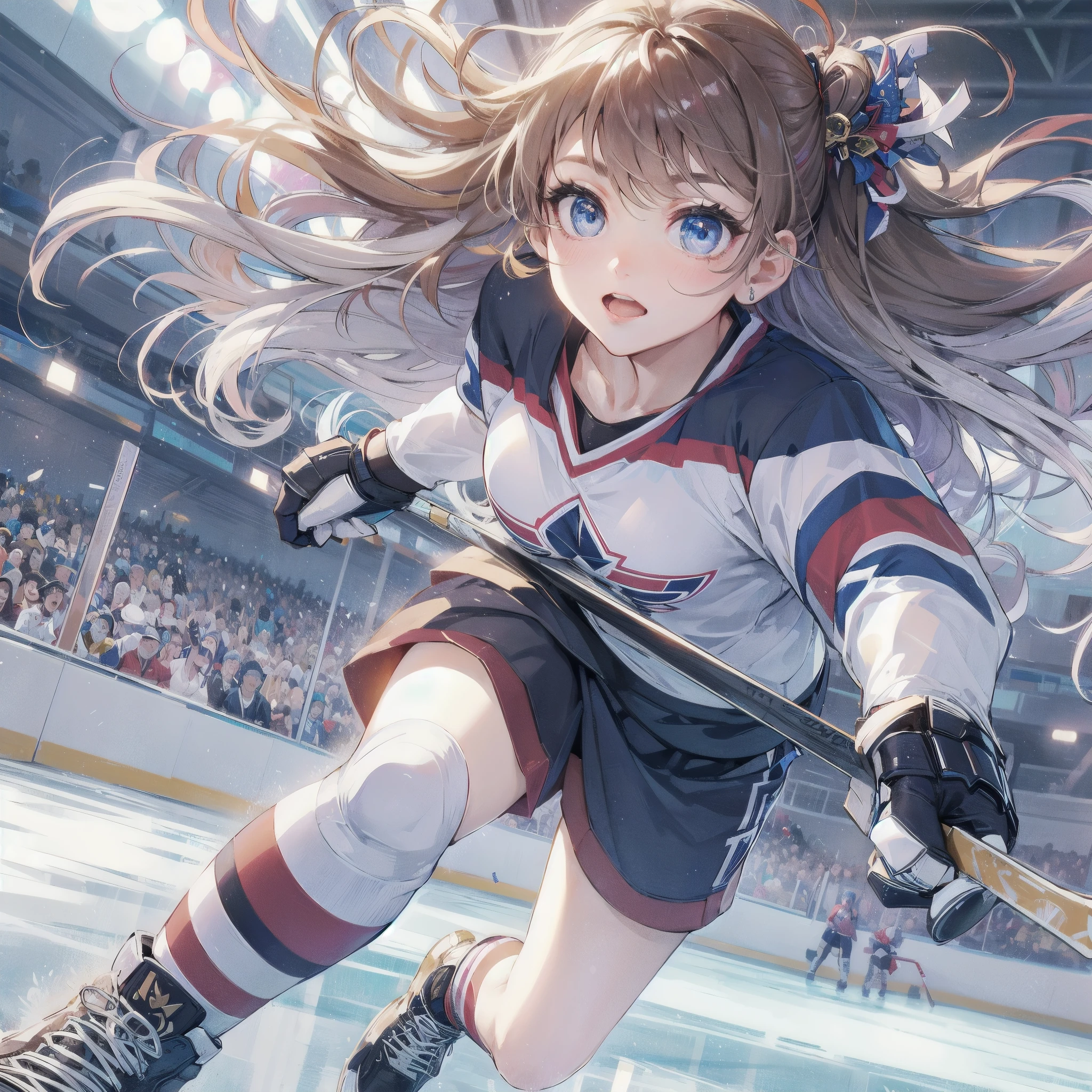 high quality,HD,16k,sharp lines,1 girl,Female ice hockey athlete ,cute face, large breasts, nice legs,At the ice hockey venue,focus girl,detailed beautiful face,detailed clothes,beautiful eyes,cool,dynamic angle