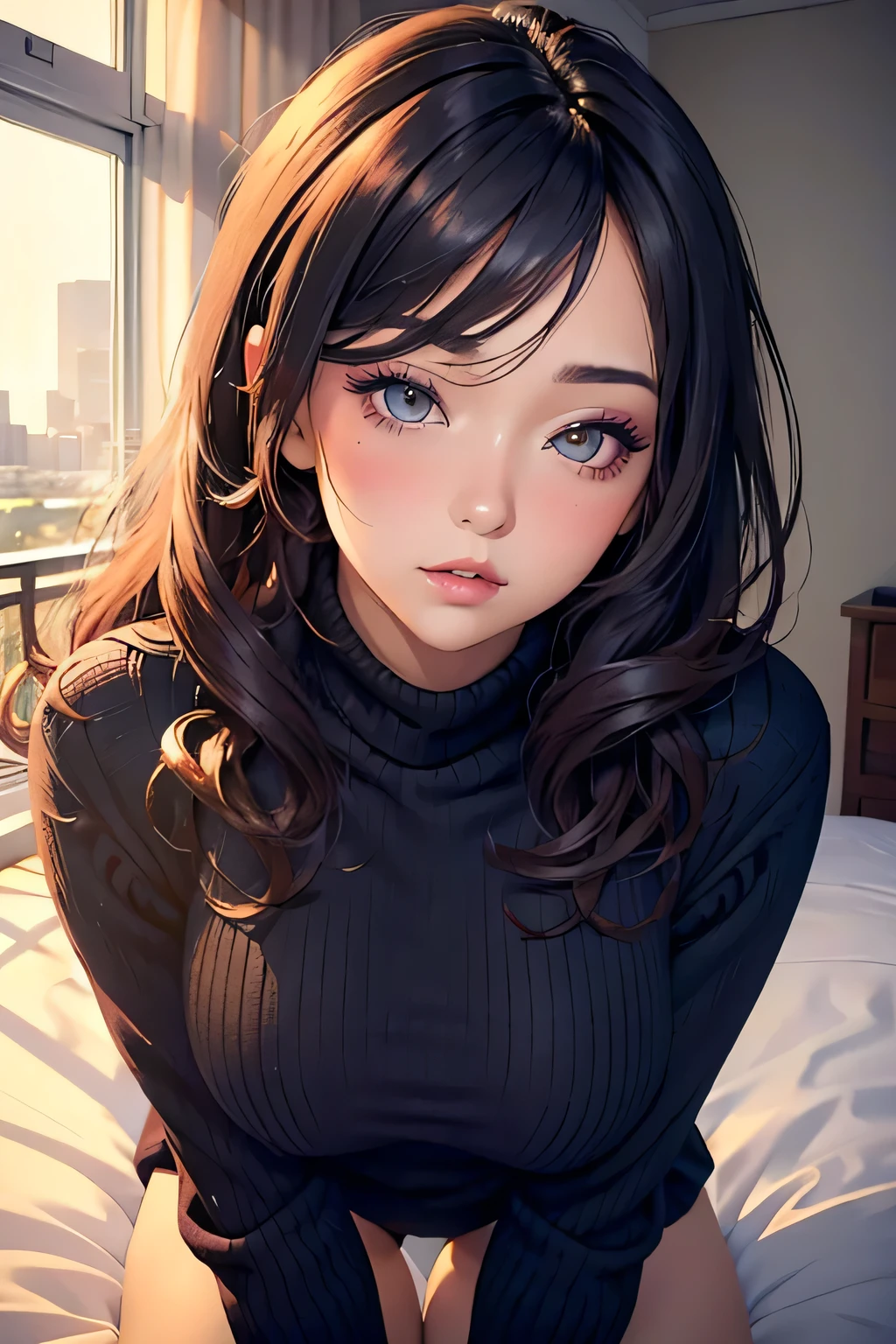 Sexy woman, perfect hair, amazing makeup, seductive gaze, blushing intensely, ready to kiss, long oversized sweater, window, natural light beaming through window, beautiful face, seductively gazing at us, very seductively, seductive, lying on bed, head on pillow, facing up 