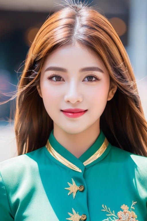 girl xinh: Asia, siêu dễ thương;
age: from 18-20 years old;
hair: copper orange color, silky, shiny under the sunlight, detail;
da: milky white, rosy and flawless;
eye: jet black, almond shaped, sexy, youthful, trong veo;
mi eye: delicate, perfect;
eyebrow: cong, dear;
Face: beautiful, pure, like a fairy, symmetrical, perfect, đẹp đến từng detail;
nose: xinh, cao;
cheekbone: prominent;
lip: charming, son lip màu đỏ nhạt, lovely lip gloss;
răng: Lily-white, smiling;
y phục: turquoise, gold thread embroidery;
Hình dáng cơ thể: full, graceful, youthful;
accessory: dây chuyền ruby, bông tai ruby;
Fashion style: high-class, Modern 2024, luxurious;
Image quality: non-NSFW, 8K CG HD, High resolution, Super nice graphics, professional, detail, colorful, ultrafine, advanced techniques, RAW true;
light: luxurious, complex color combinations, black gold rays;
light mặt trời: twinkle, illuminating the girl&#39;s body;
Hình nền: street, light twinkle.