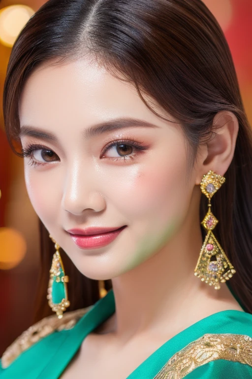 girl xinh: Asia, siêu dễ thương;
age: from 18-20 years old;
hair: copper orange color, silky, shiny under the sunlight, detail;
da: milky white, rosy and flawless;
eye: jet black, almond shaped, sexy, youthful, trong veo;
mi eye: delicate, perfect;
eyebrow: cong, dear;
Face: beautiful, pure, like a fairy, symmetrical, perfect, đẹp đến từng detail;
nose: xinh, cao;
cheekbone: prominent;
lip: charming, son lip màu đỏ nhạt, lovely lip gloss;
răng: Lily-white, smiling;
y phục: turquoise, gold thread embroidery;
Hình dáng cơ thể: full, graceful, youthful;
accessory: dây chuyền ruby, bông tai ruby;
Fashion style: high-class, Modern 2024, luxurious;
Image quality: non-NSFW, 8K CG HD, High resolution, Super nice graphics, professional, detail, colorful, ultrafine, advanced techniques, RAW true;
light: luxurious, complex color combinations, black gold rays;
light mặt trời: twinkle, illuminating the girl&#39;s body;
Hình nền: street, light twinkle.