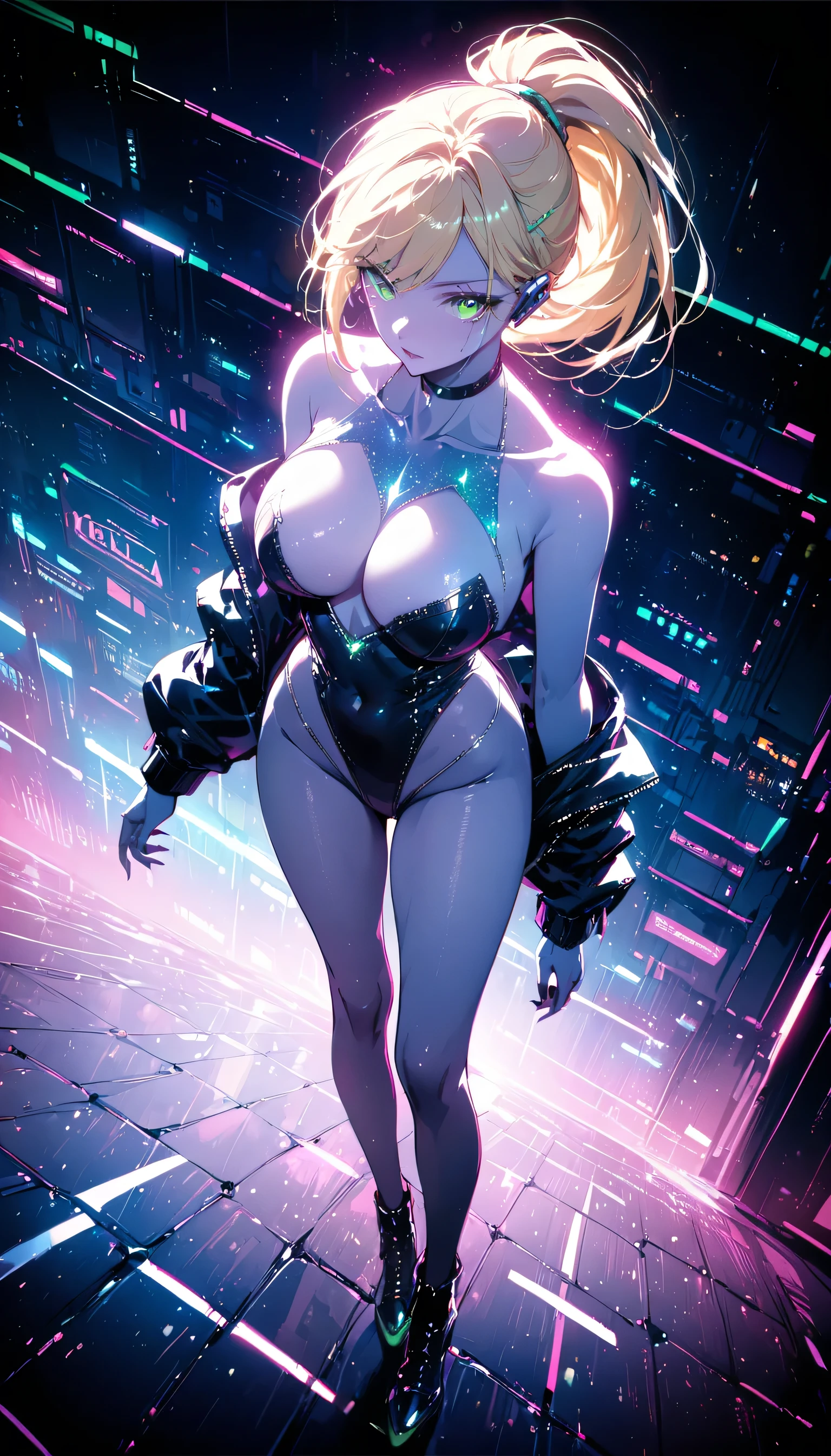 (masterpiece, highest quality, 8k, Sharp focus, Depth of written boundary, Best Shadow, Perfect lighting, High resolution, Realistic skin texture, ultra-detailed background, detailed), Anime Style,  (Has green eyes, White skin, Blonde ponytail, choker, Large Breasts, slim, compensate, eyeliner, Glitter), (Full Body Shot), At the nightclub, Cyberpunk Theme,  Cyberpunk City.