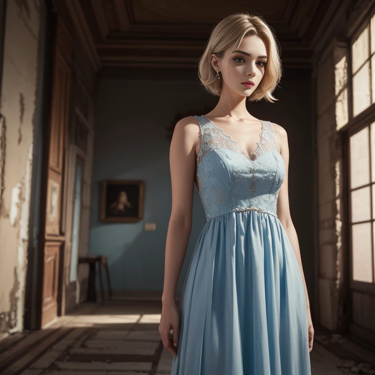 ash blonde, black makeup, delicate lips, clear skin, she is wearing a pale blue dress, standing against the background of the apocalypse, an arbitrary pose, in full height, masterpiece, ultra detailed, extremely detailed, 8K, best quality, (Masterpiece:1.5), (best quality:1.5).