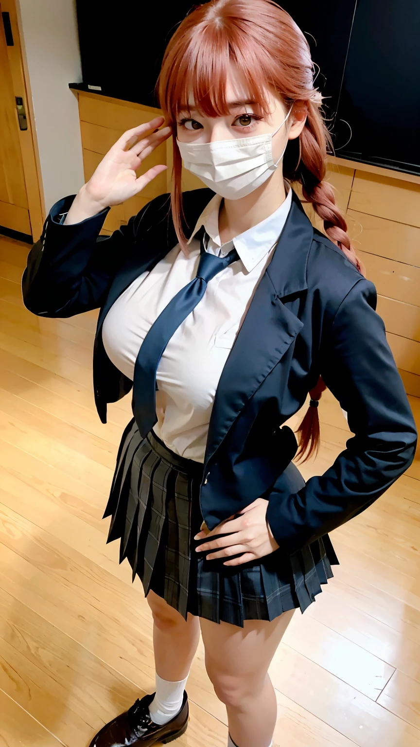 Highest quality、Ultra-high resolution、RAW Photos、(Shooting from above)、Professional Lighting、Detailed Background、In the classroom、full body,Makima、25-year-old female、(High tone cherry pink hair)+(Long braided hair)+(bangs)、(Yellow Eyes)、(Japanese high school girls uniform)、(Uniform ribbon:1.1)+(White shirt:1.1)+(Blue checkered pleated skirt:1.2)、Large Breasts、(Huge breasts that look like they might burst:1.1)、(Big thighs:1.1)、Beautiful Skin、Wide-open eyes、A sloppy smile、Model pose、Wear a black mask、Wide-open eyes、beautiful double